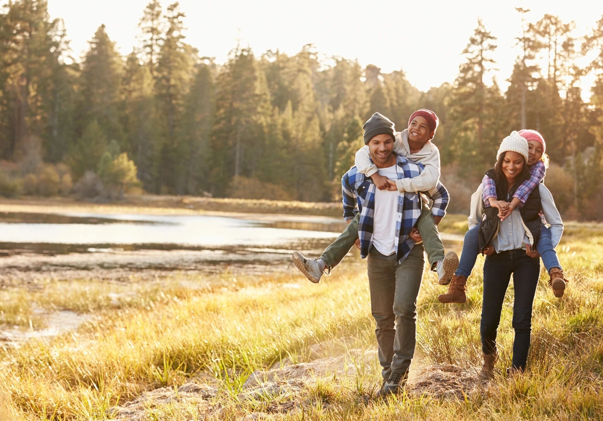 Smiling family enjoying a nature walk